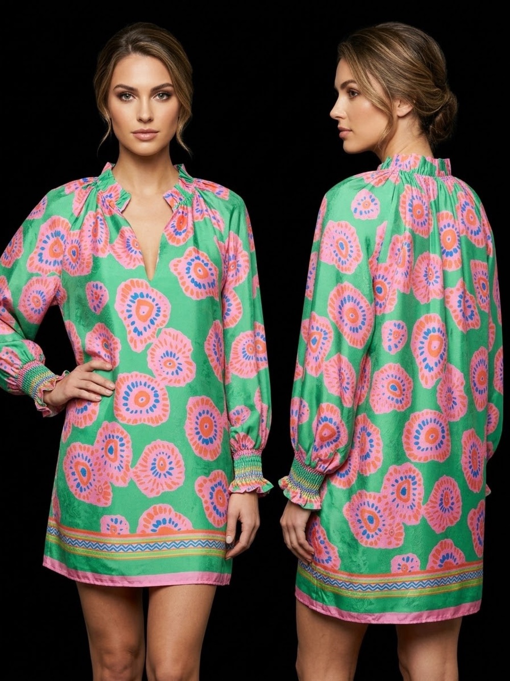 Jade Green Floral Pop Tunic with Pink & Blue Accents